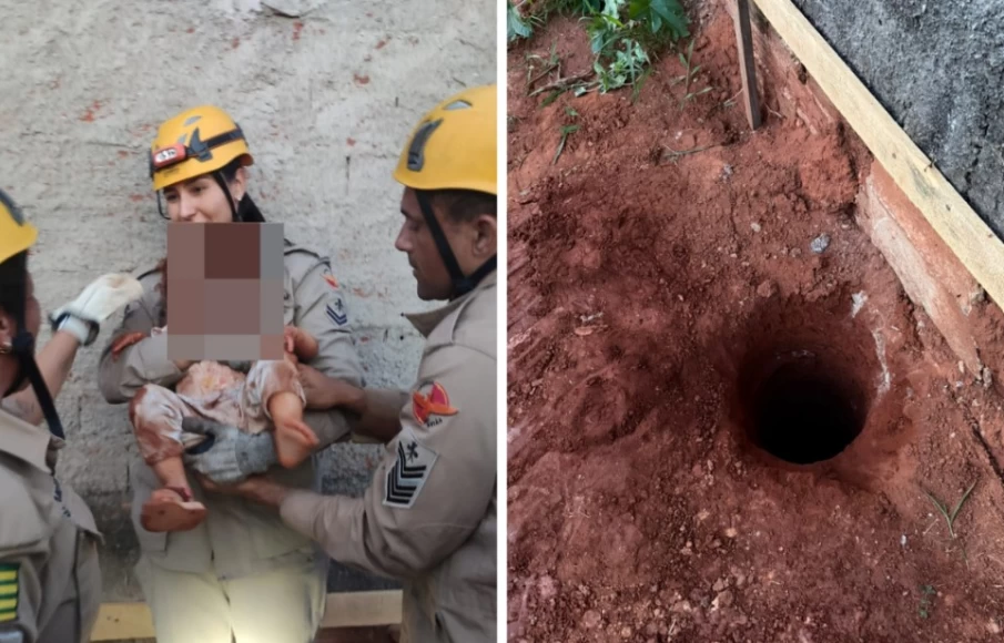 Bombeiros resgatando criança em buraco, em Anápolis, Goiás (Foto: CBM/GO)