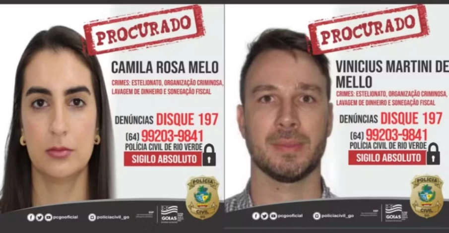 Vinicius Mello e a esposa, Camila Melo, seguem foragidos